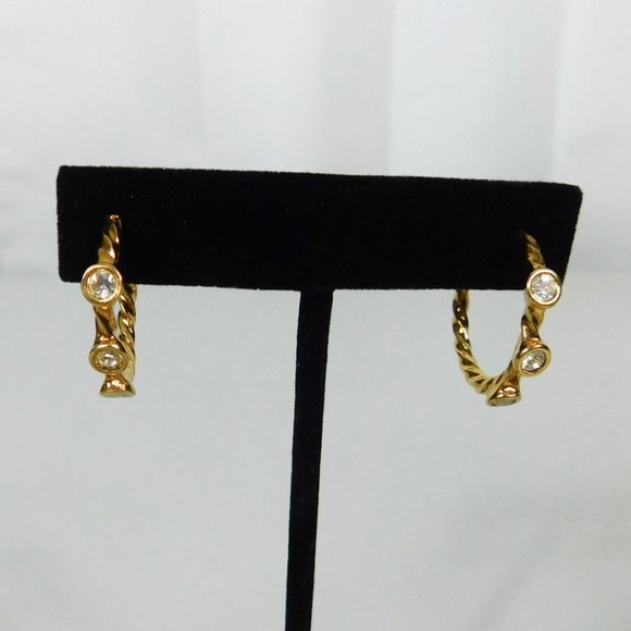 Gold Tone Hoops Clear Rhinestones Pierced Earrings - Picture 3 of 6